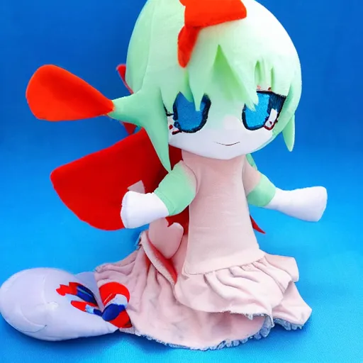 Prompt: cute fumo plush of a marine fishgirl who loves to swim and play with dolphins