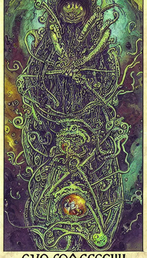 Image similar to lovecraftian cultist tarot card yoshitaka amano jean giraud rococo