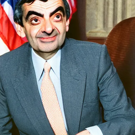 Prompt: Mr Bean elected as the president of the United States, 1980 colour photo