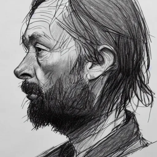 Image similar to a realistic yet scraggly portrait sketch of the side profile of a stern and sophisticated thom yorke, trending on artstation, intricate details, in the style of frank auerbach, in the style of sergio aragones, in the style of martin ansin, in the style of david aja, in the style of mattias adolfsson