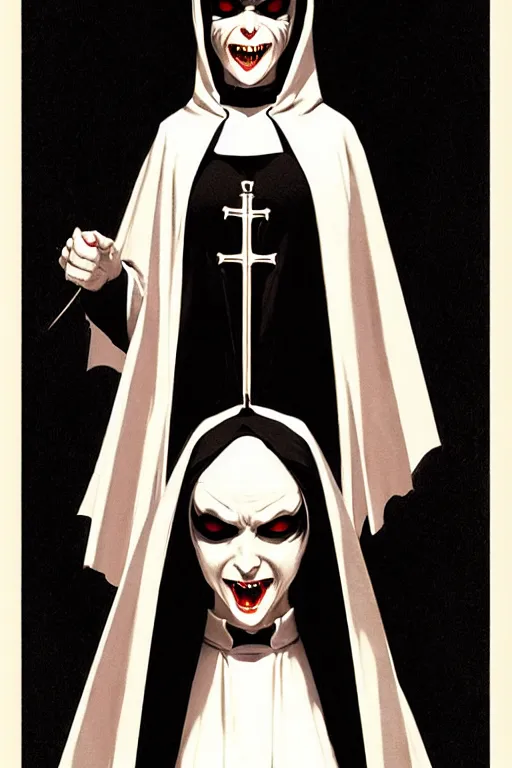 Image similar to single scary female vampire nun, evil grin, nun outfit, portrait size, photoshoot, powerful, super detailed and intricate, by koson ohara, by darwyn cooke, by greg rutkowski, by satoshi kon