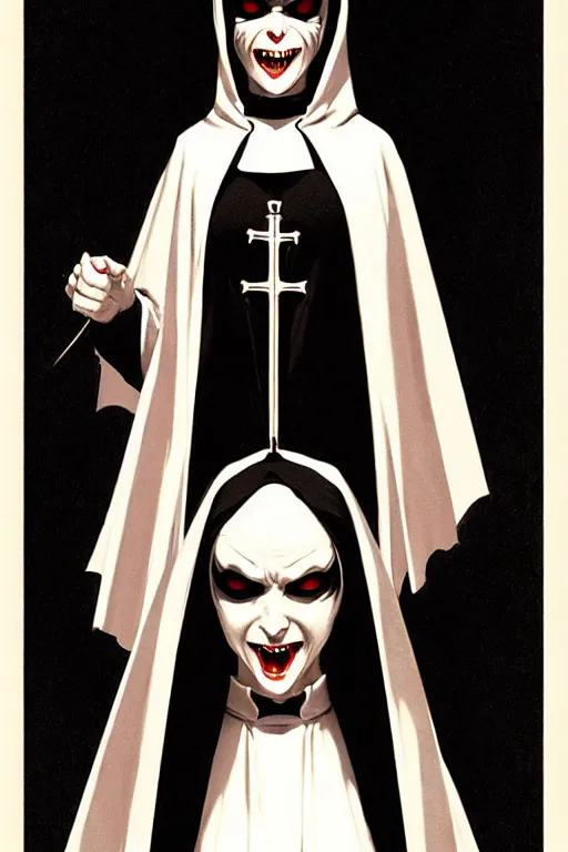 Prompt: single scary female vampire nun, evil grin, nun outfit, portrait size, photoshoot, powerful, super detailed and intricate, by koson ohara, by darwyn cooke, by greg rutkowski, by satoshi kon