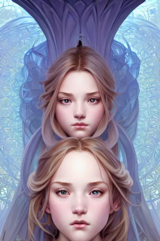 Image similar to symmetry!!!! intensely intricate fanart of full frontal pose of a young teen ice princess, protagonist, intricate, elegant, highly detailed, my rendition, digital painting, artstation, concept art, smooth, sharp focus, illustration, art by artgerm and greg rutkowski and alphonse mucha