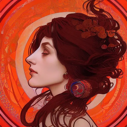 Image similar to artwork of a magical woman, intricated, ghost, gradient orange and red, cloudy, by alphonse mucha , perfect head shape, artstation, deviantart, 4k, unreal engine, smooth