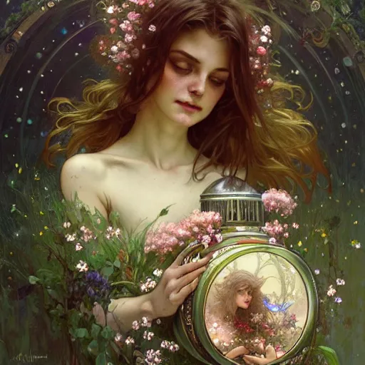 Image similar to A woman holding an enchanted jar full of magic flowers surrounded by fairies, fairy tale, face, fantasy, intricate, elegant, highly detailed, digital painting, artstation, concept art, smooth, sharp focus, illustration, art by Krenz Cushart and Artem Demura and alphonse mucha