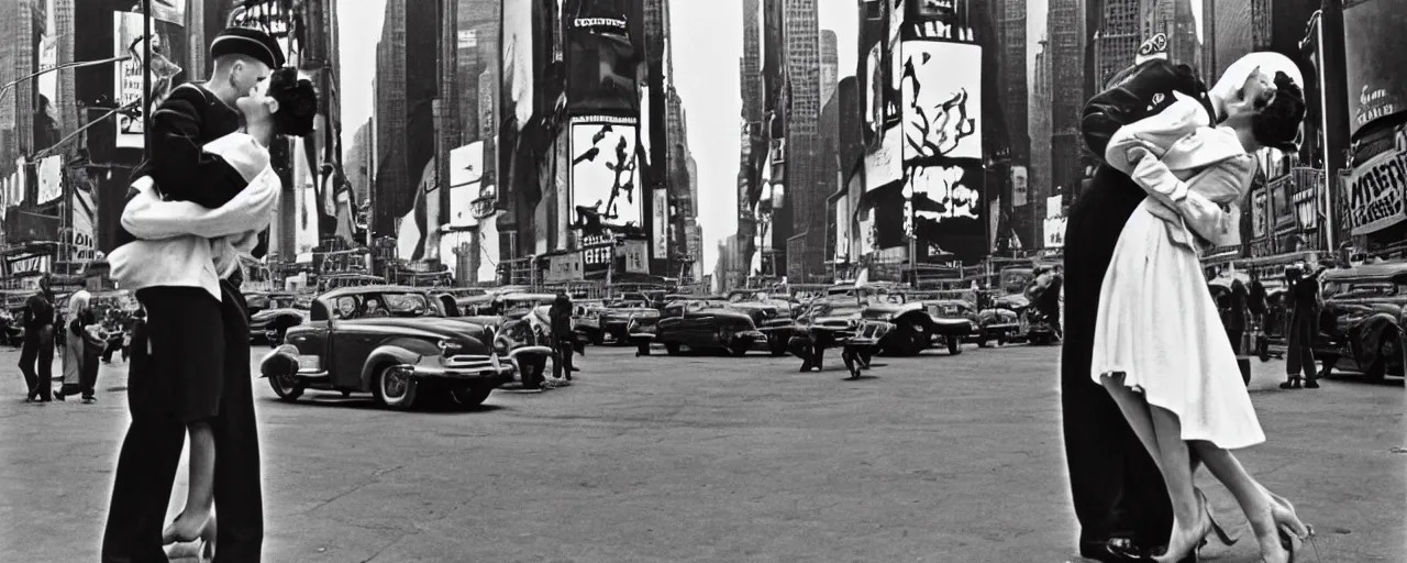 Prompt: alfred eisenstaedt's photograph of an american sailor kissing a woman in times square, spaghetti advertisement in background 1 9 4 5, canon 5 0 mm, kodachrome, retro