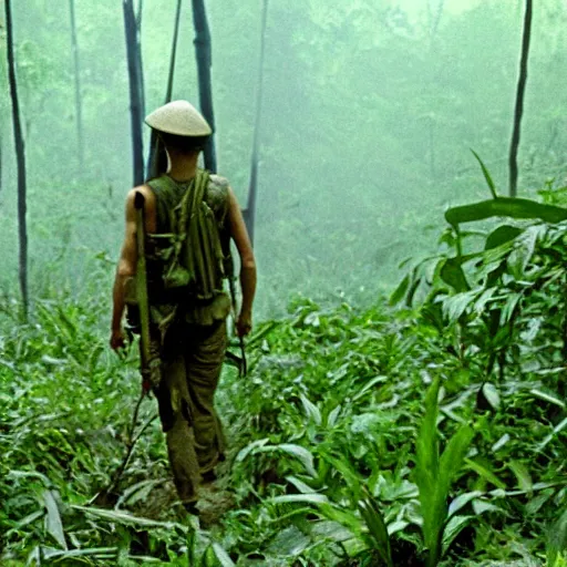 Image similar to film still, far view, emma watson soldier hiking through dense vietnam jungle, dense cloud fog, film still from apocalypse now ( 1 9 7 9 ), 2 6 mm, kodak ektachrome, blue tint expired film,