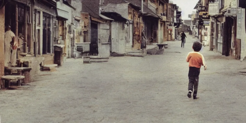 Prompt: color photo of a boy walking down a town in space