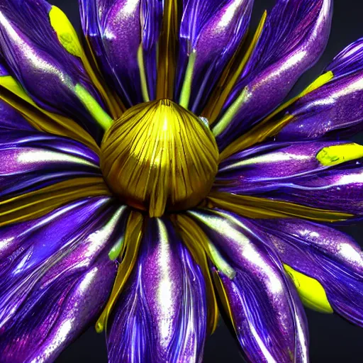 Prompt: a metallic iris flower, cybertronic, shiny unreal engine