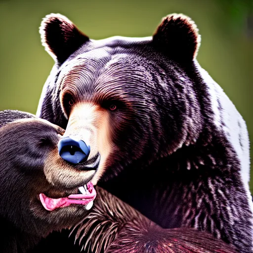 Image similar to vladimir putin kisses a bear, french kiss, lovely, insane details, clear face and eyes, textured, 8 k, professional photography