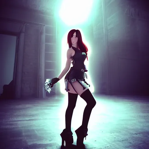 Image similar to tifa lockhart synthwave style volumetric lighting