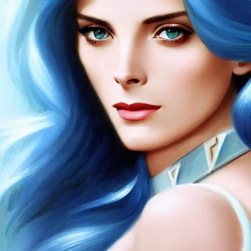 Image similar to Ashley Greene's face combined with Grace Kelly's face with blue hair as a Terran Marine from StarCraft, western, D&D, fantasy, intricate, elegant, highly detailed, digital painting, artstation, concept art, matte, sharp focus, illustration, art by Artgerm and Greg Rutkowski and Alphonse Mucha