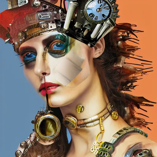 Prompt: steam punk roman goddess, contemporary collage, highly detailed, digital painting, 4 k, hdr, punk, fashion, smooth, sharp focus, art by nick knight, sandra chevrier and john hoyland