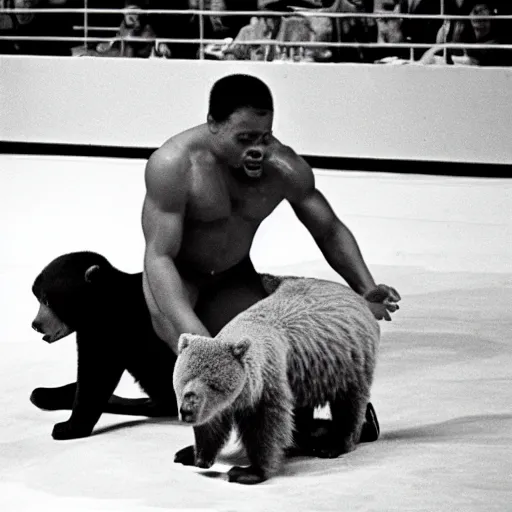 Prompt: maniac marvin mcglory wrestling a bear. madison square garden, 1 9 6 8. award - winning photograph.