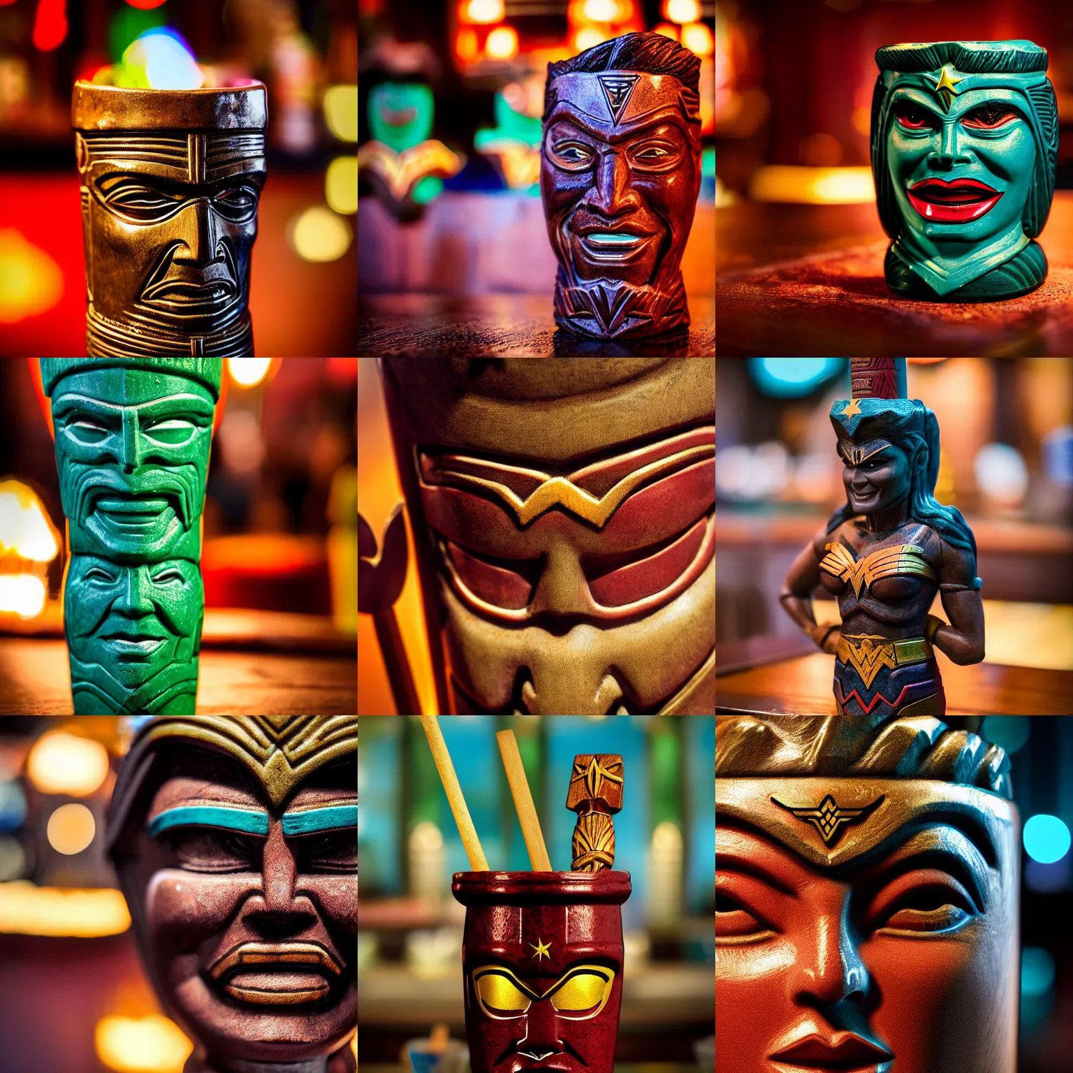 Prompt: a closeup photorealistic photograph of wonder woman tiki mug at trader vic's bar. brightly lit scene. this 4 k hd image is trending on artstation, featured on behance, well - rendered, extra crisp, features intricate detail, epic composition and the style of unreal engine.