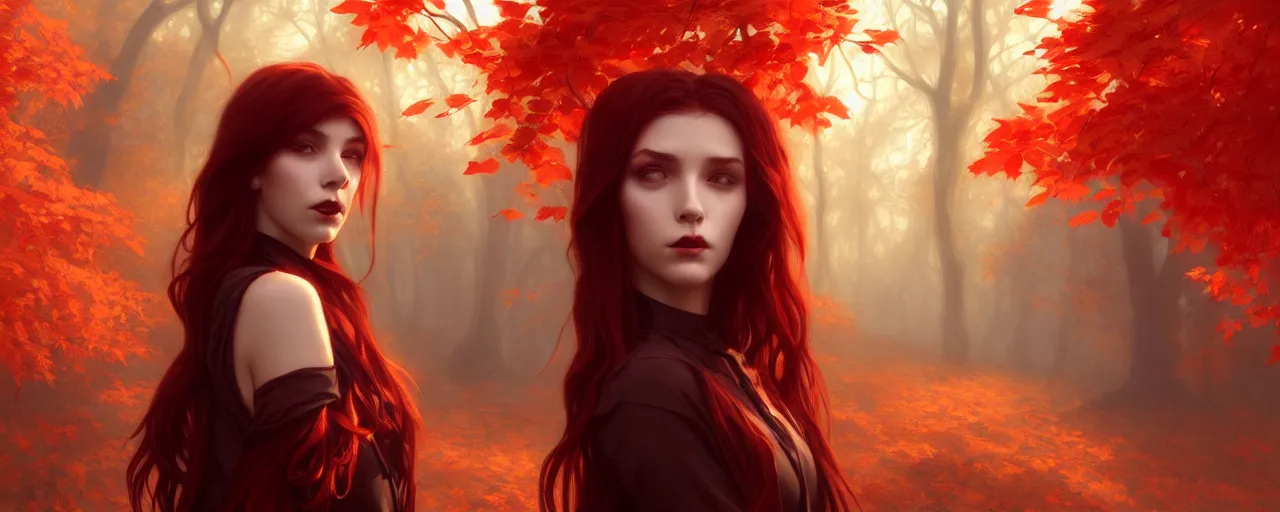 Prompt: girl with with hair becoming autumn red leaves trees, vampires with bloody fangsintricate, dreamy, digital painting, artstation, concept arti, unreal engine 5, 8 k, art by artgerm and greg rutkowski and alphonse mucha