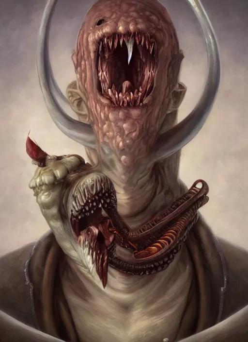 Image similar to portrait of a vampire!!!! with a sea lamprey!!!! mouth!!!, in the styles of ( national geographic ), jim warren, peter mohrbacher, gerald brom, and marc simonetti, intricate, hyperrealistic, volumetric lighting