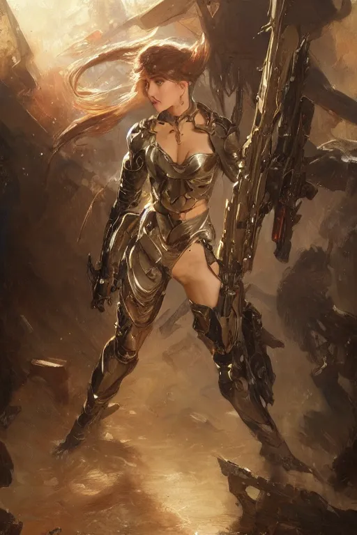 Prompt: full body girl metal armor holding a gunsword dynamic poses painting beautifull face no _ blur byby gaston bussiere, greg rutkowski, yoji shinkawa, tsutomu nihei, tim hildebrandt, sharp, details, hyper detailed, hd, 8 k