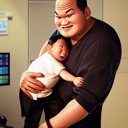 Image similar to shocked asian man holds baby shaquille o ’ neal at hospital, he can ’ t believe his eyes, award winning art, pixar, 3 d render, unreal engine