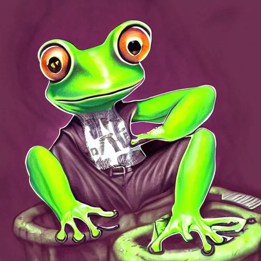 Image similar to Beautiful portrait digital painting, oil painting, anthro anthropomorphic frog androgynous , at a lake anarchist anarcho-punk Punk Punk outfit. furaffinity, artstation