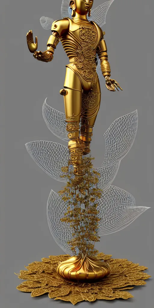 Image similar to complex 3d render ultra detailed of a monk discovering buddhahood, mechanical cyborg, 150 mm, accent lighting, beautiful studio soft light, rim light, silver gold red details, luxurious, magnolia big filigran ultra detailed leaves and stems, roots, Alexander Mcqueen haute couture, fine foliage lace, mesh wire, beautiful background, filigran intricate details, hyperrealistic, mandelbrot fractal, anatomical, silver metal armor, facial muscles, cable wires, microchip, elegant, white background, beautiful white teeth, beautiful lips, octane render, H.R. Giger style, 8k