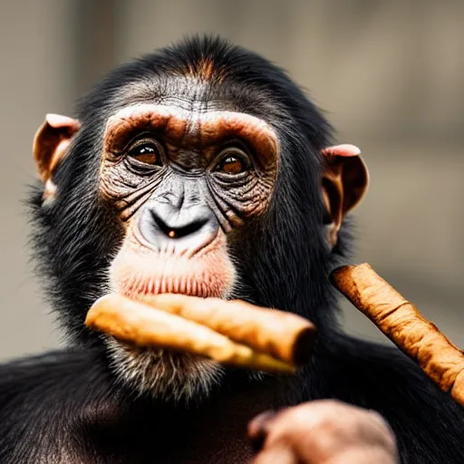 Image similar to a high detail closeup shot of a chimp wearing a suit and smoking a cigar