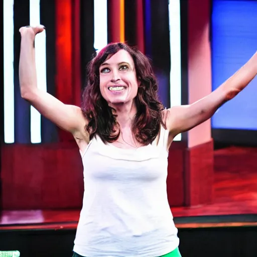 Image similar to 3 8 - year - old, short height, standup comedian, skateboarder style, pale complexion, female, irish and italian! and jewish descent, thin, on stage, laughing, telling jokes