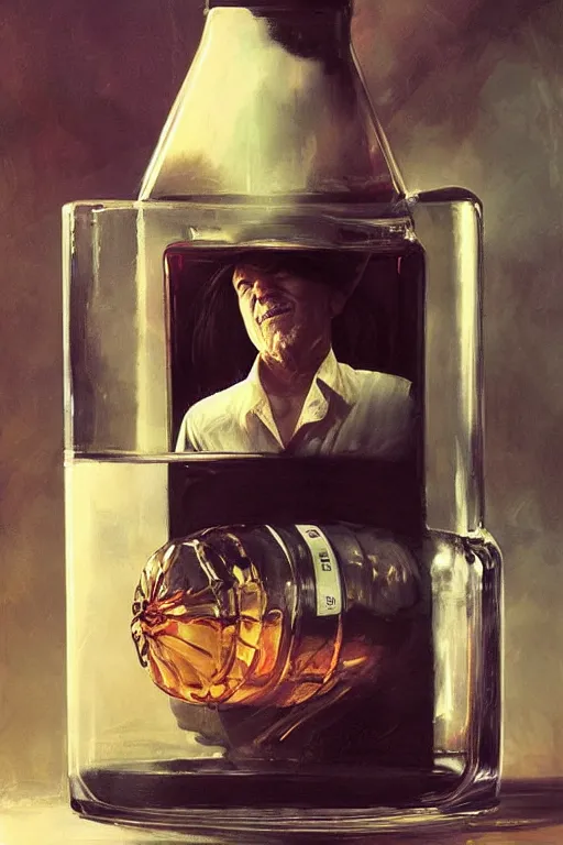 Image similar to a ship in a bottle but instead of a ship it is jack nicholson in the bottle, a young jack nicholson, fancy whiskey bottle, masterpiece painting by artgerm, ruan jia, jakub rebelka, tom bagshaw