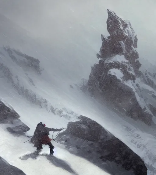 Image similar to a climber climbs a snowy mountain in a storm, close view, painting by craig mullins, octane rendering, soft morning lighting, wide angle lens, in the style of hayao miyazaki, trending on artstation,