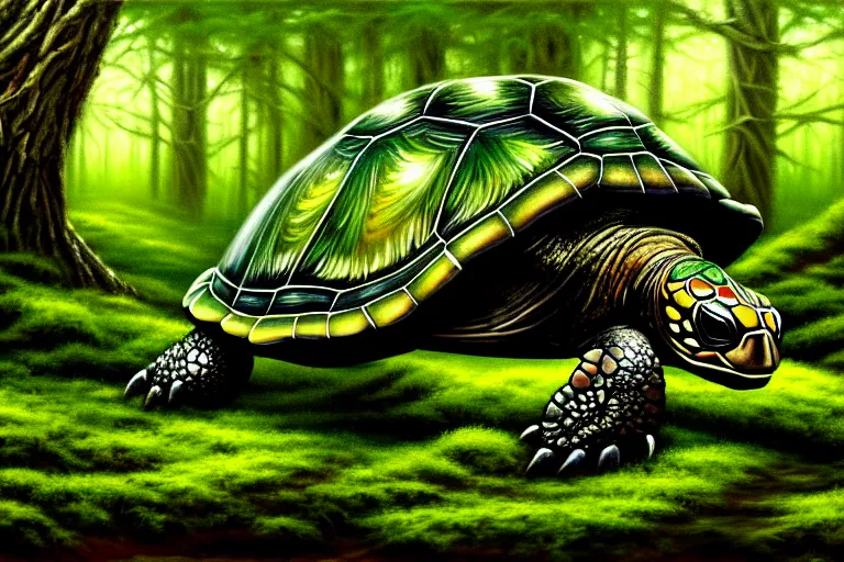 Image similar to highly detailed oil painting of a mossy turtle monster in the forest, featured on pixiv