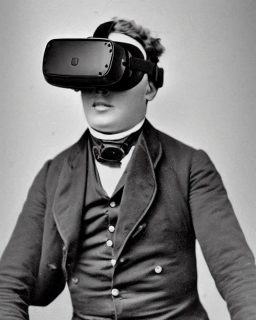 Prompt: 1 8 0 0 s photo of a person wearing a vr virtual reality headset