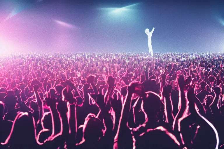 Prompt: crowd partying with their hands up at a festival, silhouette, light beams, digital art, trending on artstation, 4k, unreal engine, intricate, ornate