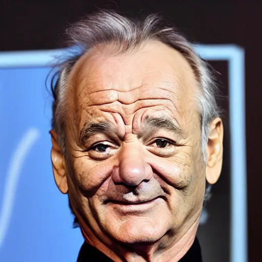 Image similar to bill murray, goofy smile, he is the leader of the rag tag misfit group, northwest coast gloom light, he is in disbelief when his doppelganger arrives, who is this man, monocle, willy wonka - style outfit, paparazzi photo