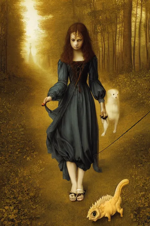 Image similar to a Leonardo da Vinci oil portrait of a young gothic girl walking in a forest with a cute pet dragon on a leash, vivid colors, high details, cinematic, 8k resolution, beautiful detailed, photorealistic, digital painting, artstation, concept art, smooth, sharp focus, illustration, fantasy background, artstation trending, octane render, unreal engine