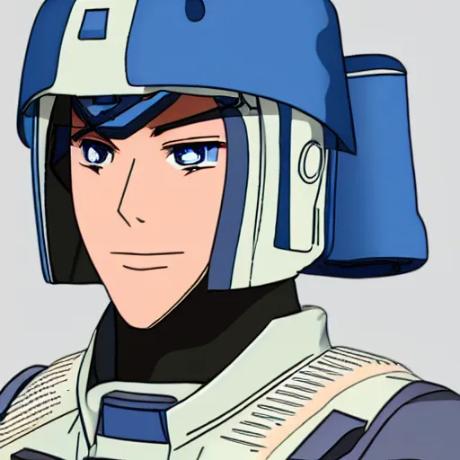 Image similar to a futuristic soldier captain with a ballistic visor and a blue shoulderpad in anime style