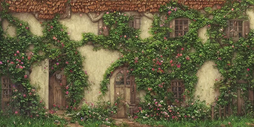 Image similar to cottage wall, outside garden courtyard with vines and ivy growing up the wall, beautiful roses, flowers, unreal, fantasy, intricate, elegant, dramatic, highly detailed, photorealistic, digital painting, painterly, artstation, concept art, smooth, sharp focus, art by john collier and krenz cushart and artem demura and albert aublet