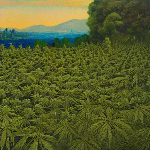 Prompt: vast garden of marijuana reaching to the horizon, painting