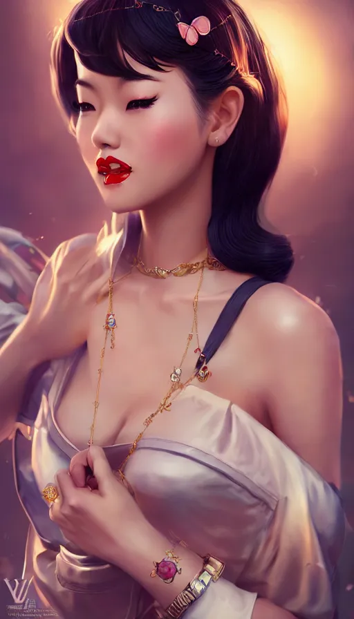 Image similar to a pin up and beautiful fashion and charming and dreamlke asian girl with lv jewelry, medium shot, art by artgerm & ross tran & wlop, hyperdetailed, 8 k realistic, symmetrical, frostbite 3 engine, cryengine, dof, trending on artstation, digital art