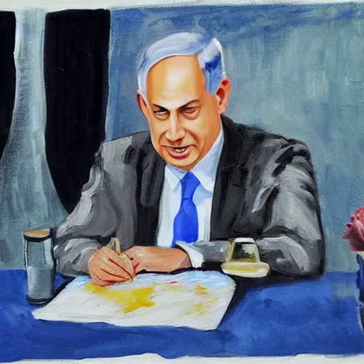 Prompt: benjamin netanyahu sir on table and talk on his phone. painting