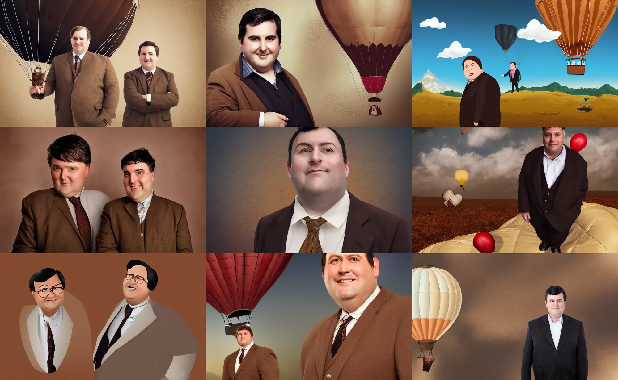 Prompt: character portrait of a chubby clean shaven middle aged man in a brown suit with short black hair, standing inside a brown patched up hot air balloon, digital art