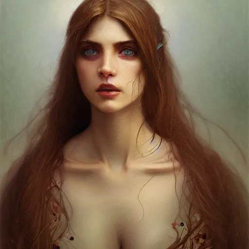 Image similar to A beautiful girl with crossed eyes, dunce, dumb, derpy, fullbody, intricate, brilliant, highly detailed, artstation, amish, concept art, smooth, sharp focus, illustration, art by greg rutkowski and orientalism and bouguereau and Zdzislaw Beksinski, good clear quality, colourful lighting, biology, symmetrical artwork, perfect face, 135 mm, cinematic, hyper realism, high detail, octane render, 8k, chrome accents