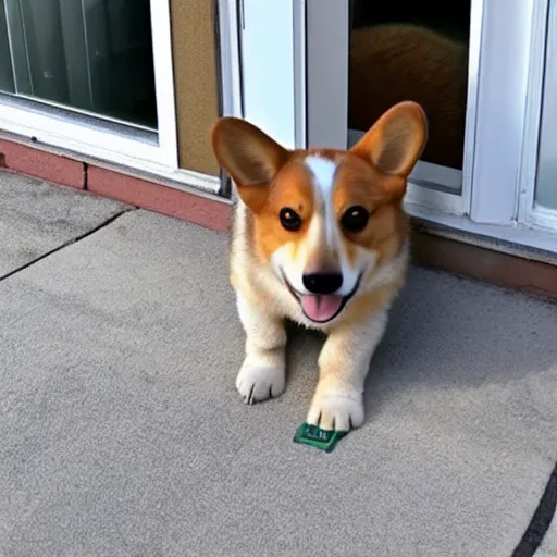 Image similar to front door security camera footage of a corgi mistaken as a delivery package