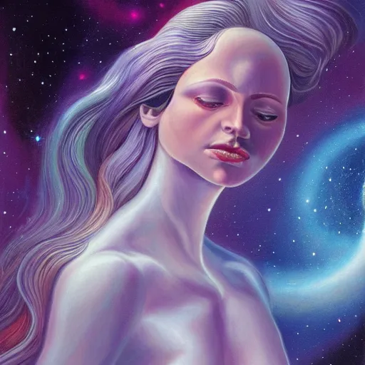 Prompt: A beautiful painting of a female cosmic being with a nebula as its body by Jim Burns, 8K, ultra-detailed , Trending on artstation.