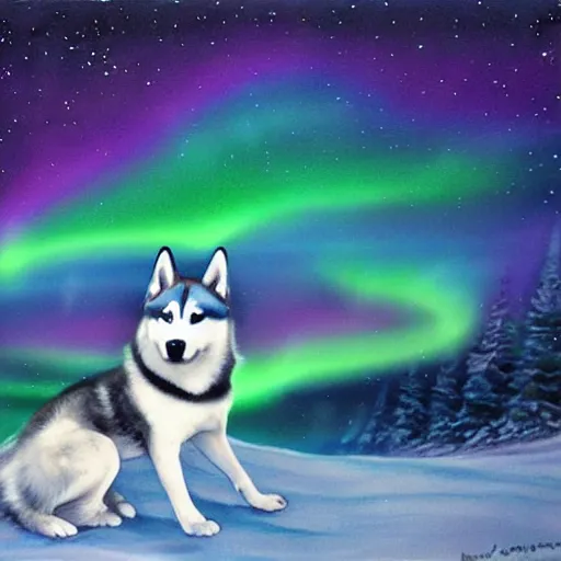 Image similar to a siberian husky, as aurora borealis, airbrush painting