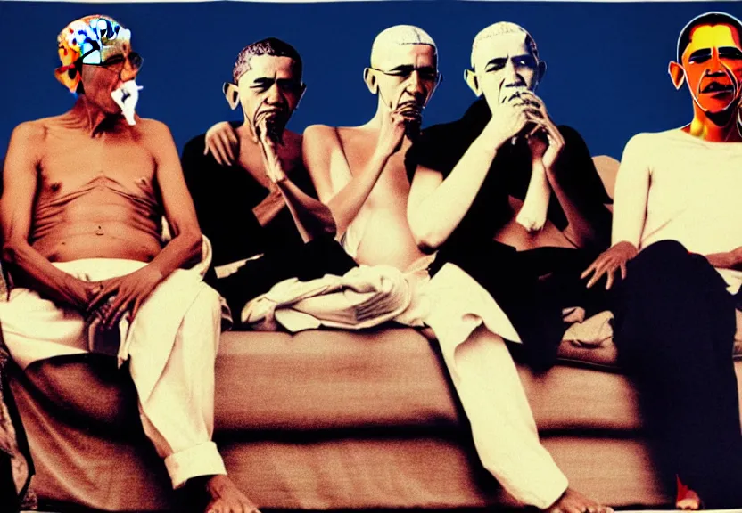 Image similar to Gandhi , Obama, Jesus, And Lady GaGa smoking a fat blunt on a sofa , photograph credit: AP, Andy Warhol, photograph, by Beeple