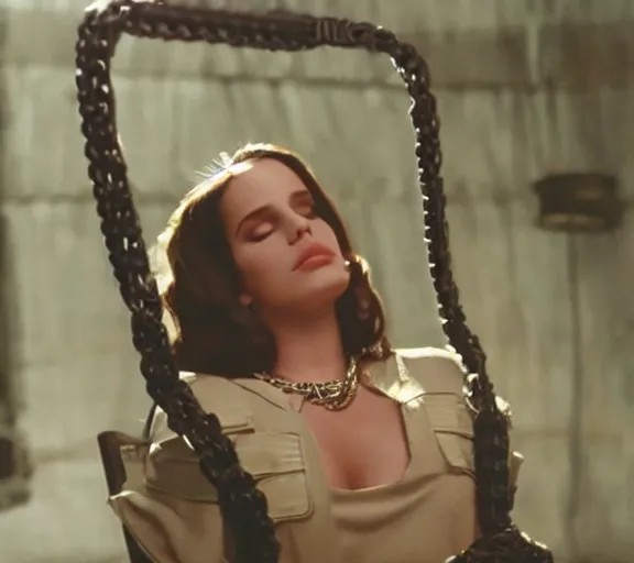 Image similar to a movie still of lana del rey as a handcuffed prisoner with a chain around her neck bonded to a chair in the movie star wars
