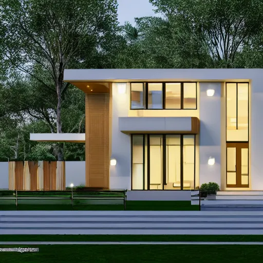 Image similar to render of a beautiful modern home designed for cozy, curvy, natural aesthetics!!, energy efficiency and maximizing plants and greenery, golden light, high resolution, professional