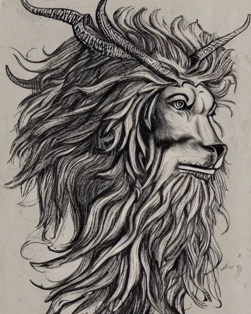 Image similar to human / eagle / lion / ox hybrid. horns, beak, mane. drawn by da vinci