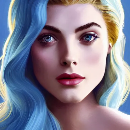 Image similar to A combination of Grace Kelly's and Katherine McNamara's and Ashley Greene's faces with blue hair as She-Ra, western, D&D, fantasy, intricate, elegant, highly detailed, digital painting, artstation, concept art, matte, sharp focus, illustration, art by Artgerm and Greg Rutkowski and Alphonse Mucha