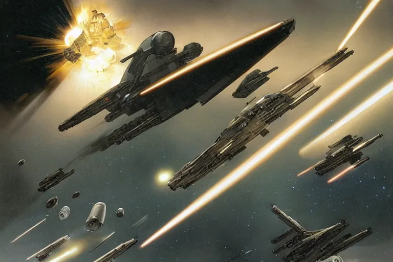 Image similar to ralph mcquarrie concept art, scene : the death star is rocked by explosions as the rebel fleet zooms over, unloading a heavy barrage. luke struggles to carry the enormous weight of his father's dying body toward an imperial shuttle. father's dying body toward an imperial shuttle. by artgerm and greg rutkowski and alphonse mucha